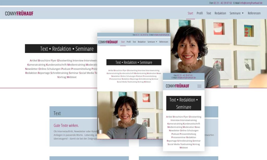Screenshot der Webseite mit 3 Bildschirmgrößen