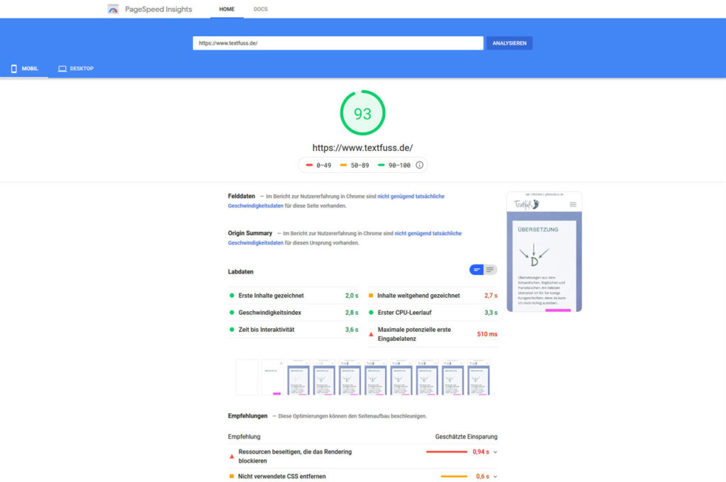 Screenshot Google Insights für Mobil - die Website-Optimierung war erfolgreich