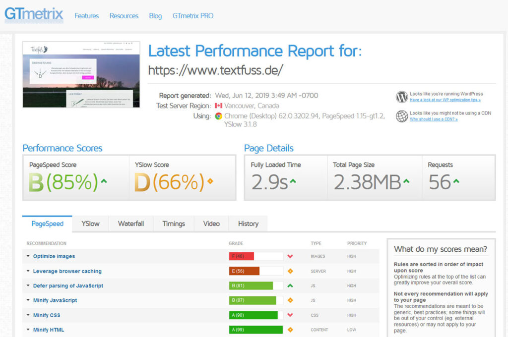 Screenshot GTmetrix vor der WordPress Suchmaschinenoptimierung