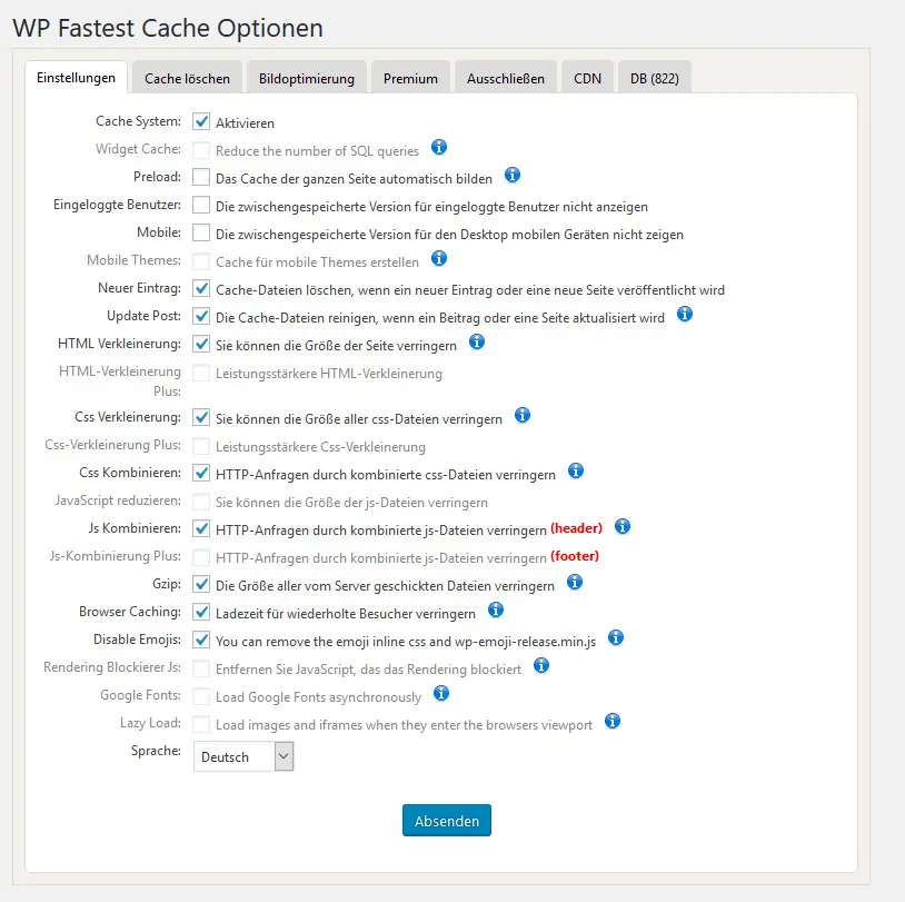 Screenshot - Einstellungen für WP Fastest Cache zur Verbesserung der Performance bei der WordPress Suchmaschinenoptimierung
